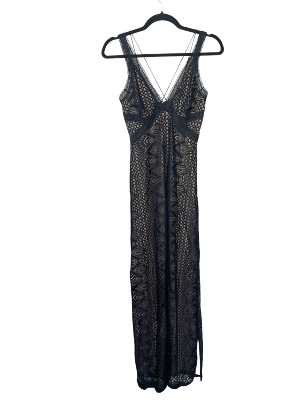 Guess Black Lace Maxi Dress With V-Neckline Xs